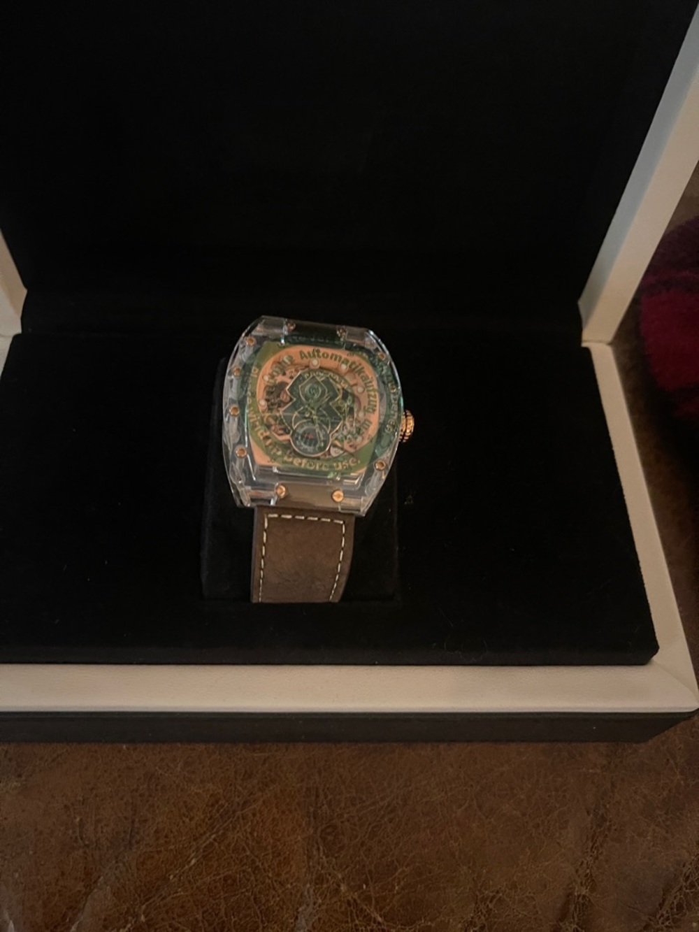 Automatic Mechanical Smartwatch with Clear Case and Brown Leather Strap